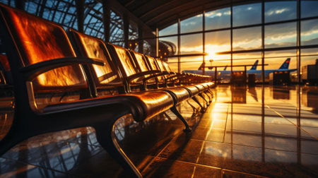 Empty chairs in the departure hall at the airport with golden sunset rays. Travel, transportation concept. Generative AI.の素材