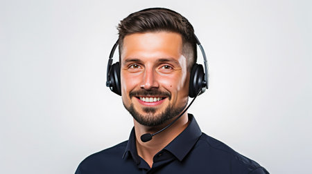 Male customer service representative in headset consulting clients online. Call center agent. Generative AI.の素材
