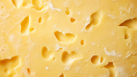 Close-up of cheese slice structure with holes. Food background. Generative AI.の素材