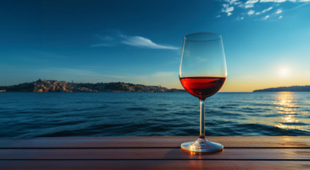 Close-up of a glass of red wine against of sea sunset backdrop. Romantic trip concept. Generative AI.の素材