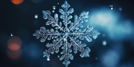Close up of a glossy snowflake, macro photo of snow crystals on blue background. Generative AI.の素材