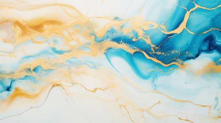 Marble ombre, alcohol ink, abstract art. Background made of white, gold and light blue paints, gold veins. Generative AI.の素材