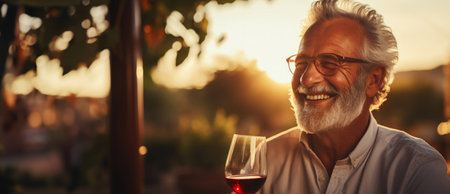 Senior smiling man with a glass of wine, blurred backdrop of vineyard on a sunset. Generative AI.の素材