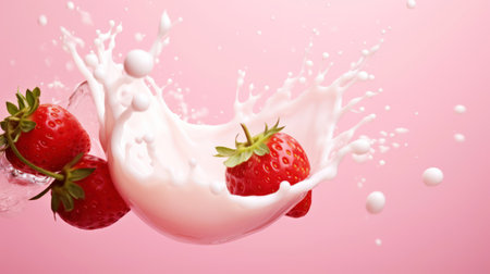 Milk splash with strawberries. Sweet dessert cream. Milkshake concept. Generative AI.の素材