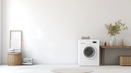 Interior of modern home laundry room with washing machine. Light tones. Generative AI.の素材