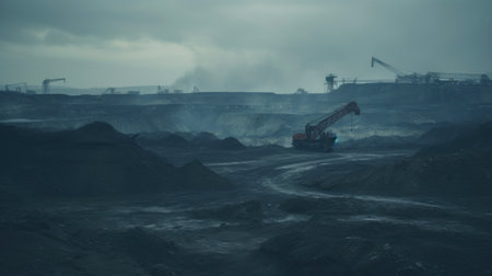 Coal mining industrial landscape. Heavy pollution, smoke, dust, ruined ecosystem. Generative AI.の素材