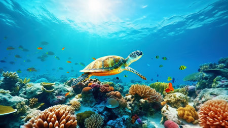 Underwater view of a colorful sea coral reef with fishes and turtle. Ocean ecosystem. Generative AI.の素材