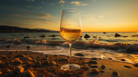Close-up of a glass of white wine against sea backdrop. Romantic trip concept. Generative AI.の素材
