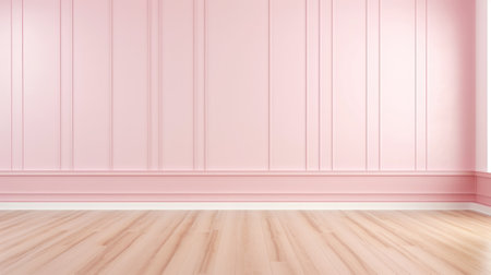 Elegant empty room with pink tall walls. Frame wall molding decorating. Wooden floor. Copy space. Generative AI.の素材