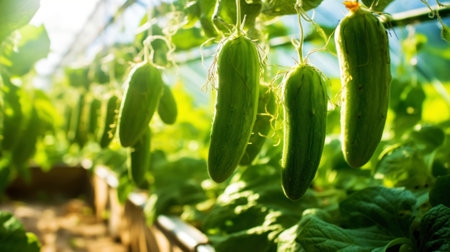 Growing organic cucumbers in a greenhouse on the farm. Healthy vegetables concept. Generative AI.の素材