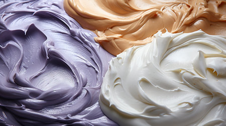 Close-up of texture of creamy ice cream of different flavors, gelato background. Generative AI.の素材