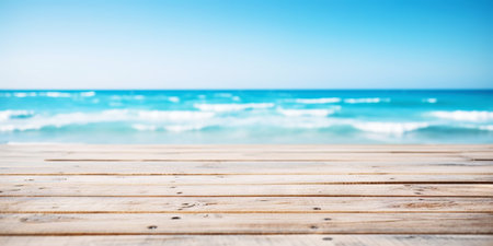 Wood table mockup with blue soft sky background. Empty copy space for product presentation. Generative AI.の素材