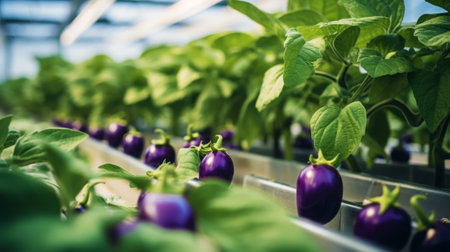 Growing organic eggplants in a greenhouse on the farm. Healthy vegetables concept. Generative AI.の素材