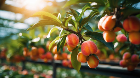 Ripe organic peaches growing on tree in greenhouse. Healthy fruits concept Generative AI.の素材