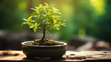 Small bonsai tree in a dark pot on green natural background with sun shine. Generative AI.の素材