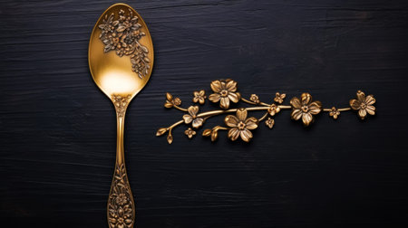 Vintage gold spoon with engraved floral pattern on a dark background. View from above. Generative AI.の素材