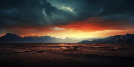 Dramatic sky over desert. Dark clouds over sand dunes. Generative AI.の素材