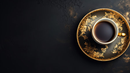 Retro vintage style cup with golden pattern, with black coffee. Top view, copy space. Dark background. Generative AI.の素材