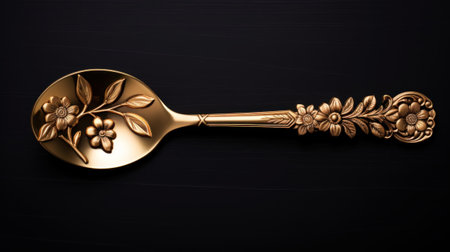 Vintage gold spoon with engraved floral pattern on a dark background. View from above. Generative AI.の素材
