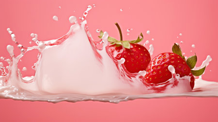 Milk splash with strawberries. Sweet dessert cream. Milkshake concept. Generative AI.の素材