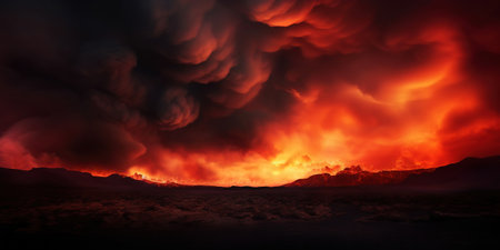 Desert sand dunes on huge fire. Dark smoke above. Dramatic disaster landscape. Generative AI.の素材