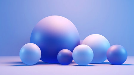 3D blue matte spheres of different sizes and transparency. Pastel colour palette. Abstract background. Generative AI.の素材