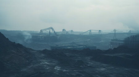 Coal mining industrial landscape. Heavy pollution, smoke, dust, ruined ecosystem. Generative AI.の素材