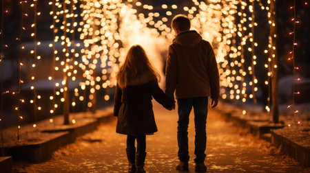 Couple of children, a boy and a girl, hold hands against a background of shiny garlands. Back view. Generative AI.の素材