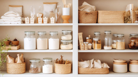 Organization of food storage. Cozy pantry with glass jars and wicker baskets. Light colour palette. Generative AI.の素材