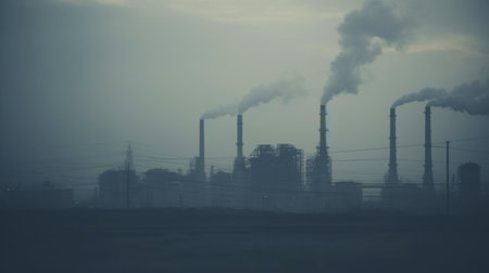 Industry plant landscape with smoke smog emissions. Bad ecology cocnept. Generative AI.の素材