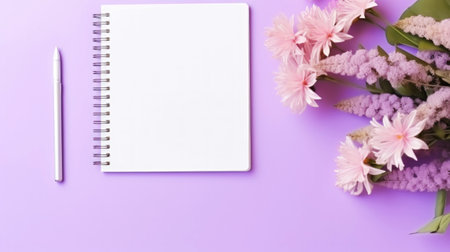 Top view of work desk with notepad, office supplies, flowers and creative clutter. Pink girlish background. Generative AI.の素材