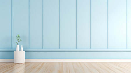 Elegant empty room with light blue tall walls. Frame wall molding decorating. Wooden floor. Copy space. Generative AI.の素材