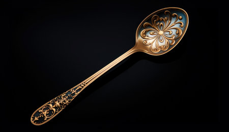 Vintage gold spoon with engraved floral pattern on a dark background. View from above. Generative AI.の素材