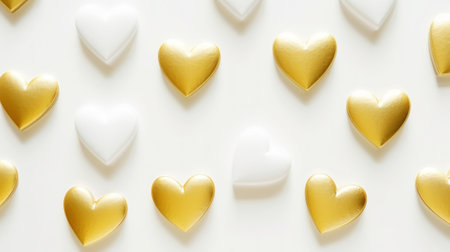 Aesthetic white and gold hearts on light background. Minimalist love concept. Copy space. Generative AI.の素材