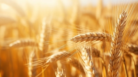 Close up of ripe golden wheat ears, field of wheat in a summer day, sun flare. Harvesting period. Generative AI.の素材