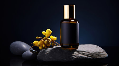 SPA essential oil on aesthetic dark background with stones and flowers. Skin care concept. Generative AI.の素材
