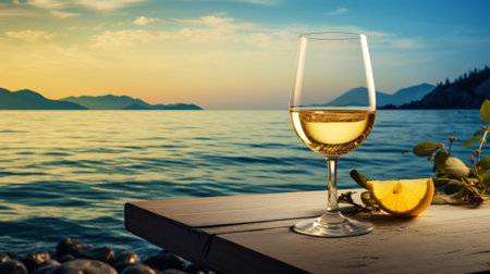 Close-up of a glass of white wine against of sea backdrop. Romantic trip concept. Generative AI.の素材