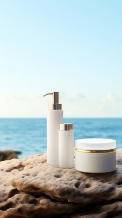 Cosmetic bottles on the stone with a blurred sea backdrop.Natural organic cosmetic mock up. Generative AIの素材