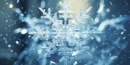 Close up of a glossy snowflake, macro photo of snow crystals on blue background. Generative AI.の素材
