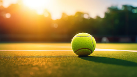 Closeup of tennis ball on empty court. Sunset, sun rays. Concept of a sporty lifestyle. Generative AI.の素材