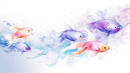 Exotic fish light background. Transparent watercolour. Pastel colour palette. Generative AI.の素材