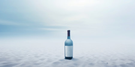 Wine bottle in a white desert sand. White mist around. Serene landscape. Generative AI.の素材