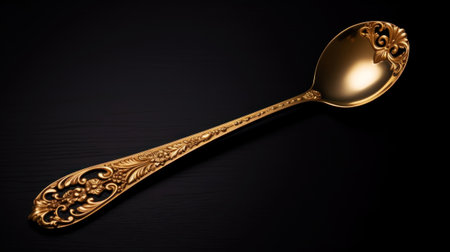 Vintage gold spoon with engraved floral pattern on a dark background. View from above. Generative AI.の素材
