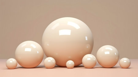 3D beige spheres of different sizes and transparency. Pastel colour palette. Abstract background. Generative AI.の素材