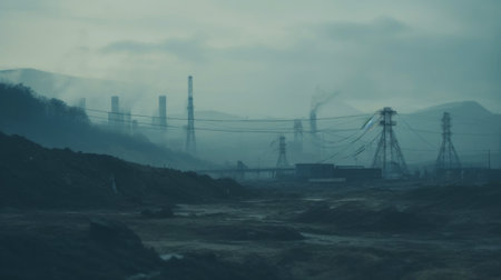 Coal mining industrial landscape. Heavy pollution, smoke, dust, ruined ecosystem. Generative AI.の素材