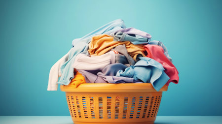 Basket full of bright dirty laundry on light background. Laundry service concept. Copy space. Generative AI.の素材