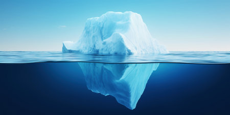 White Iceberg floating in clear blue water sea, under and above water view. Global Warming Concept. Generative AI.の素材