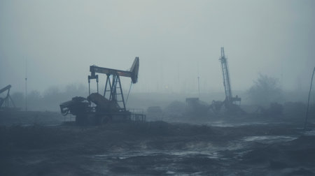 Oil drill industrial heavy polluted landscape. Ecology concept. Generative AI.の素材