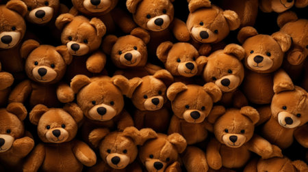 Teddy bears background. A lot of brown soft toys. Generative AI.の素材