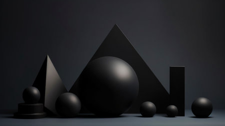 3d smooth different matte shapes. Abstract geometric background with black colour palette. Generative AI.の素材